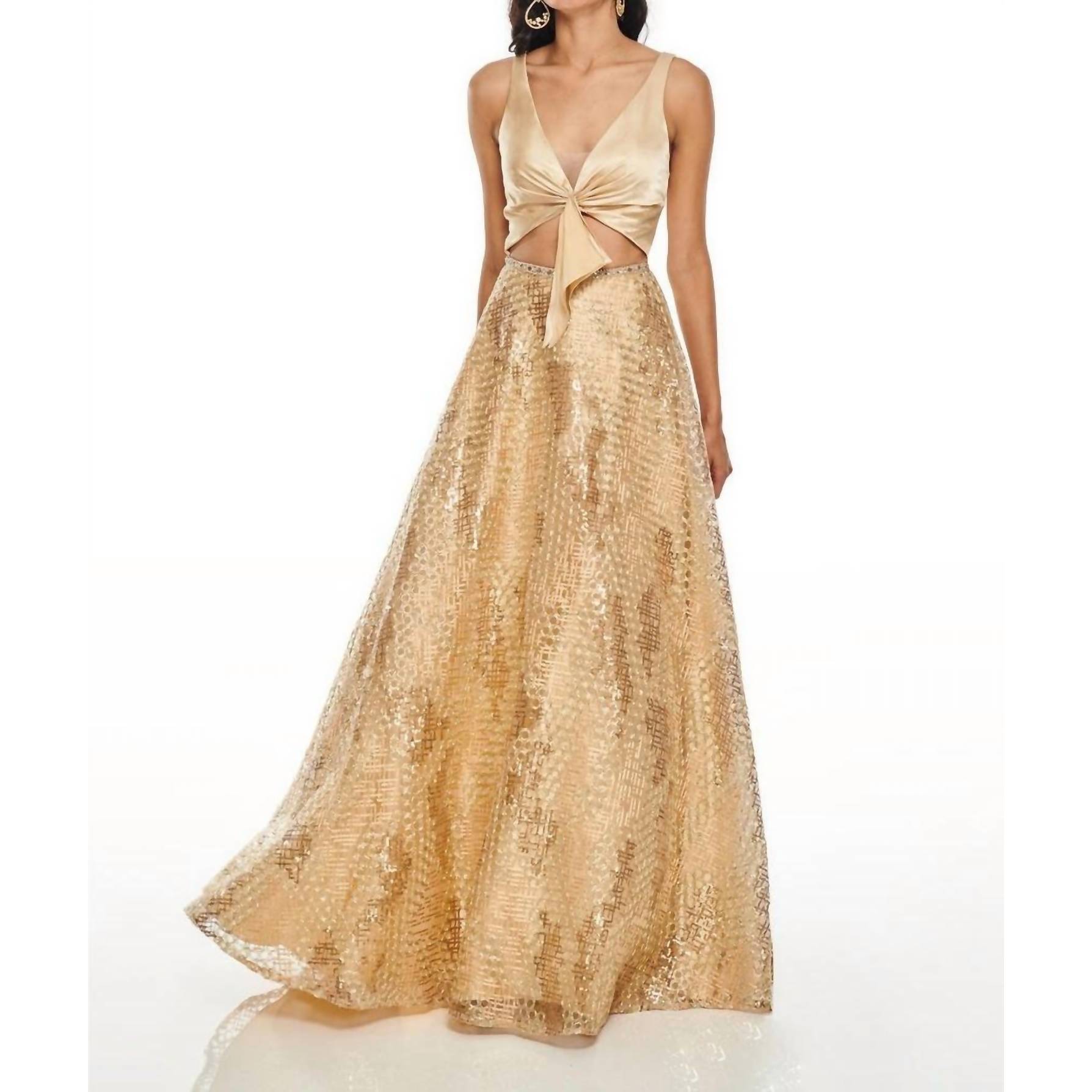 New Rachel Allan Mid Cut-Out Metallic Embroidered Prom Gown In Gold
